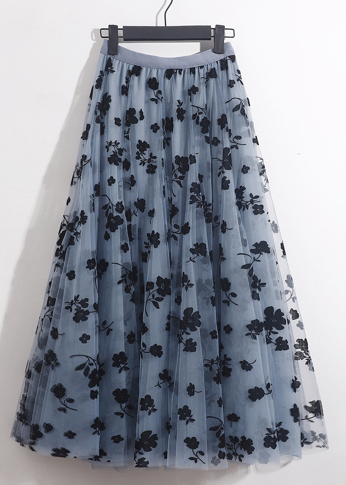 French Blue Floral Elastic Waist Tulle Skirts Summer Ada Fashion