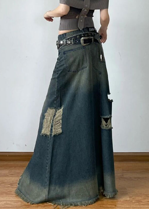 French Blue Hole High Waist Denim Maxi Skirts Summer AW1014