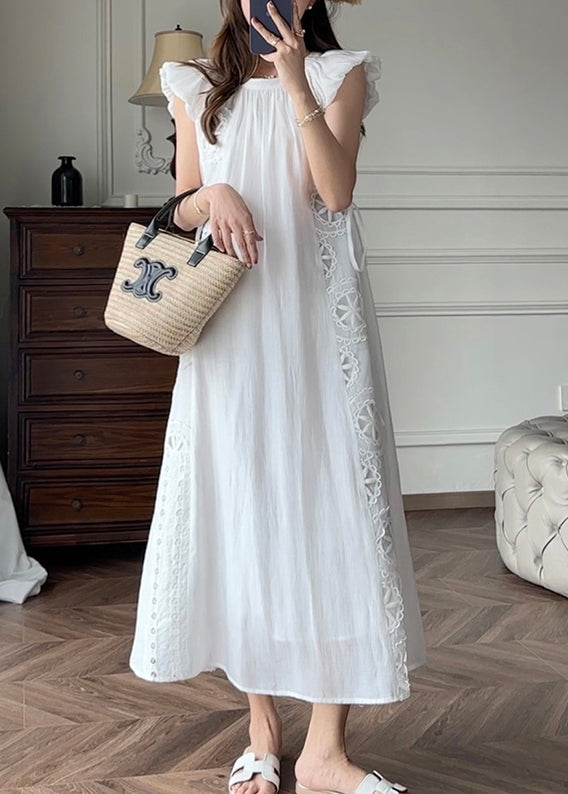 French Blue Hollow Out Embroidered Cotton Dresses Petal Sleeve EE1028