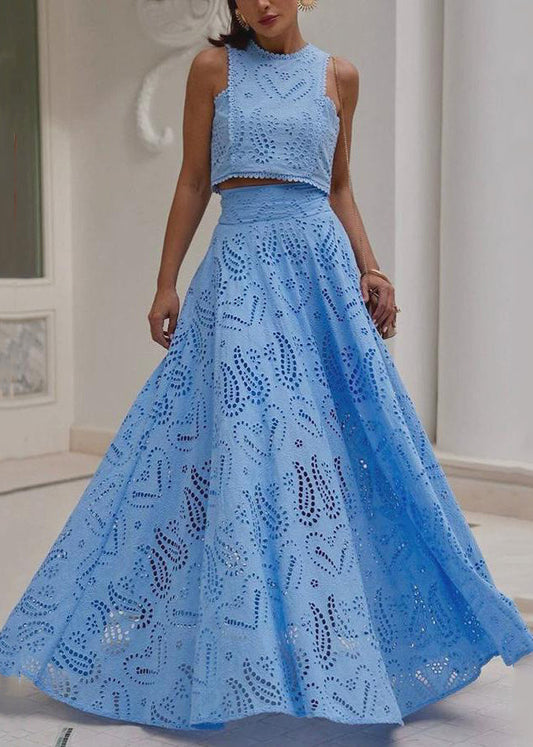 Set Piece French Hollow Tops Blue Skirts Two And Out Cotton