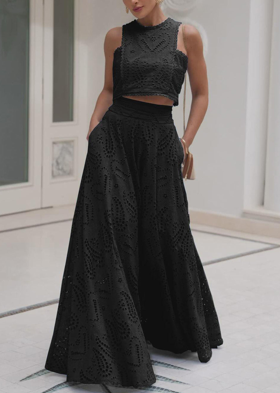 Set Piece French Hollow Tops Blue Skirts Two And Out Cotton