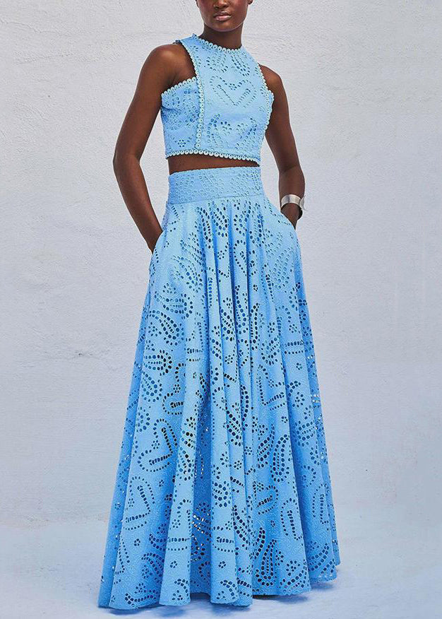 Set Piece French Hollow Tops Blue Skirts Two And Out Cotton