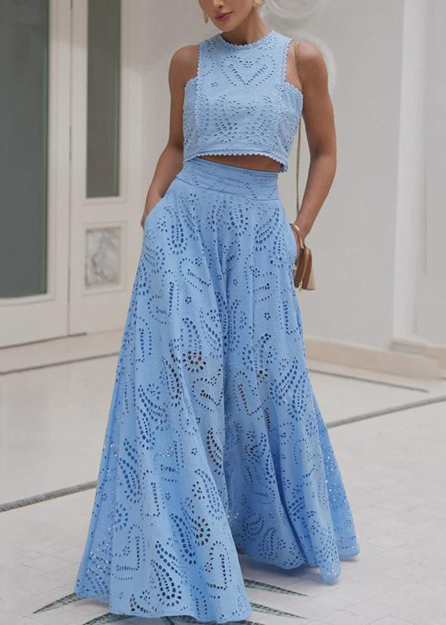 Set Piece French Hollow Tops Blue Skirts Two And Out Cotton