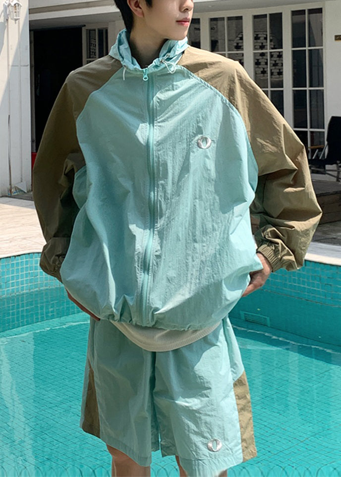 Blue French 50+ UPF Mens Silk Two Patchwork Hooded Coat Ice