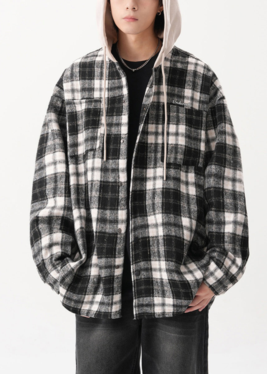 Coats Mens Hooded French Spring Blue Plaid Button Cotton