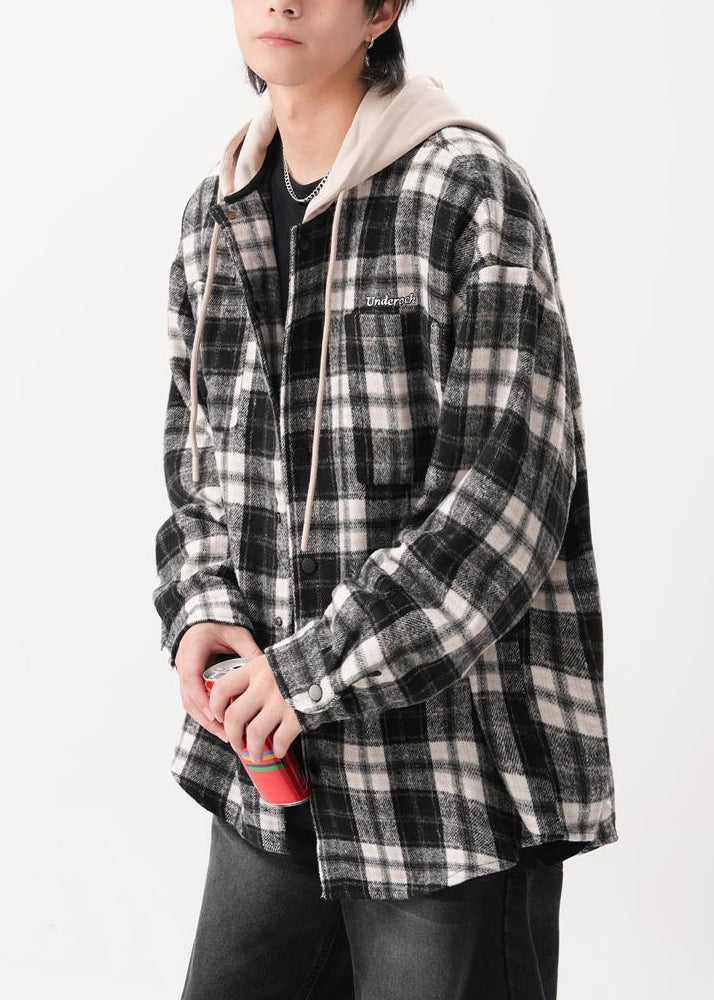 Coats Mens Hooded French Spring Blue Plaid Button Cotton