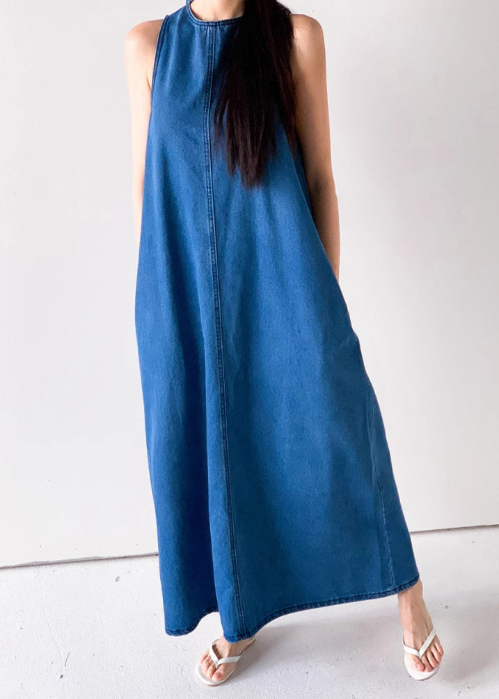 Up Blue Pockets Dresses Sleeveless Denim Long Lace French