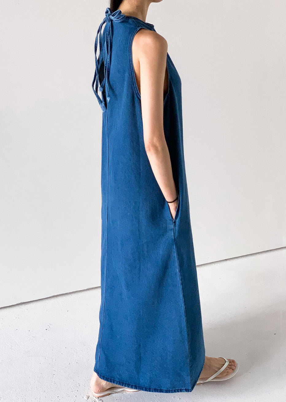 Up Blue Pockets Dresses Sleeveless Denim Long Lace French