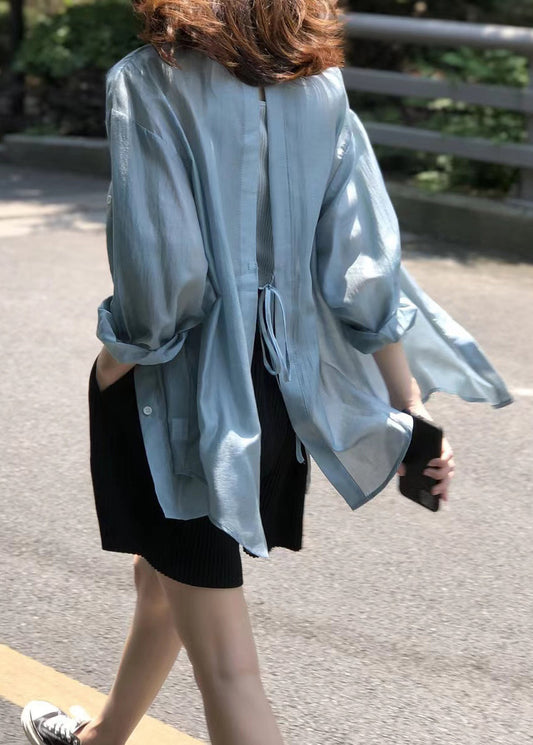 French Blue Peter Pan Collar Lace Up Silk Shirt Spring G156