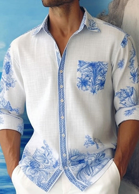 Cotton Peter Mens Shirts Print Fall French Blue Collar Pan