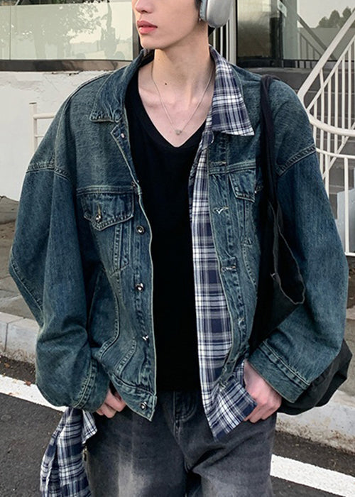 French Blue Plaid Patchwork False Two Pieces Denim Mens Coats Spring TC049