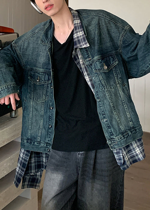 French Blue Plaid Patchwork False Two Pieces Denim Mens Coats Spring TC049