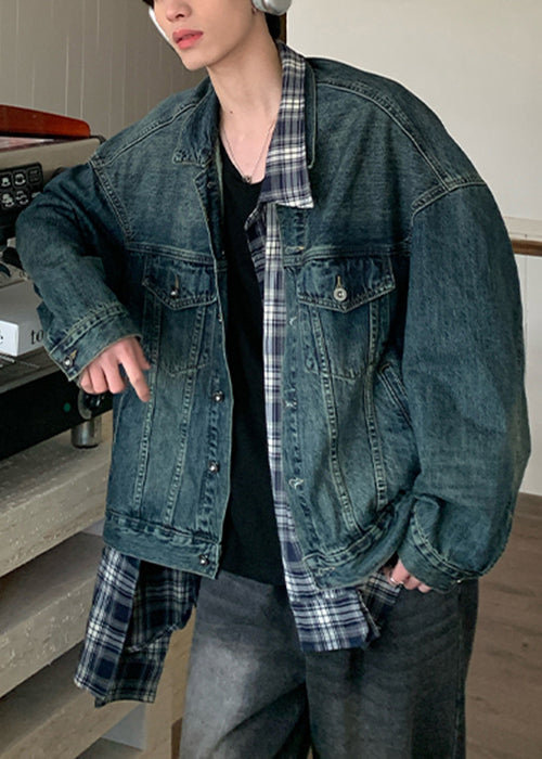 French Blue Plaid Patchwork False Two Pieces Denim Mens Coats Spring TC049