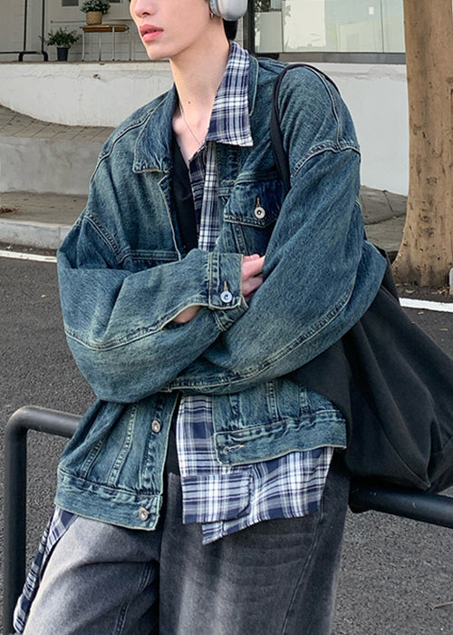 French Blue Plaid Patchwork False Two Pieces Denim Mens Coats Spring TC049