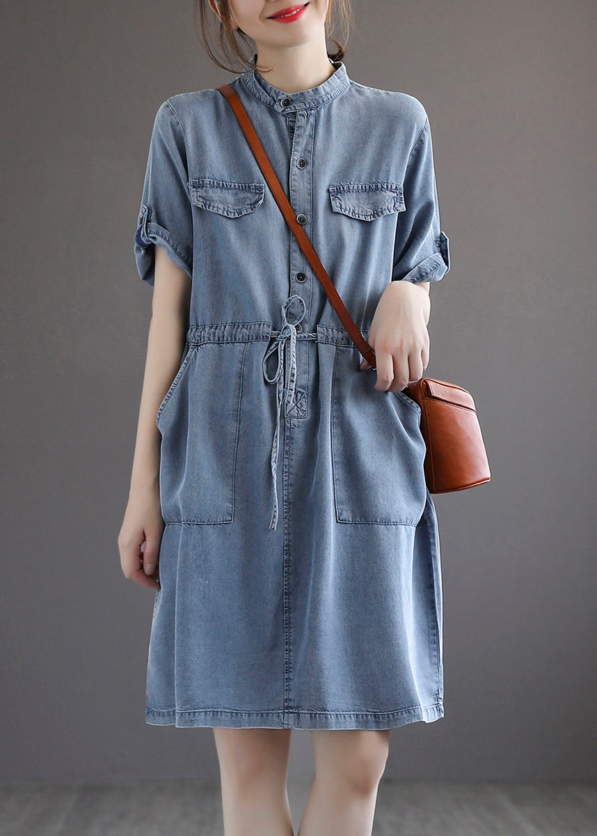 French Blue Pockets Tie Waist Denim Dresses Summer Ada Fashion