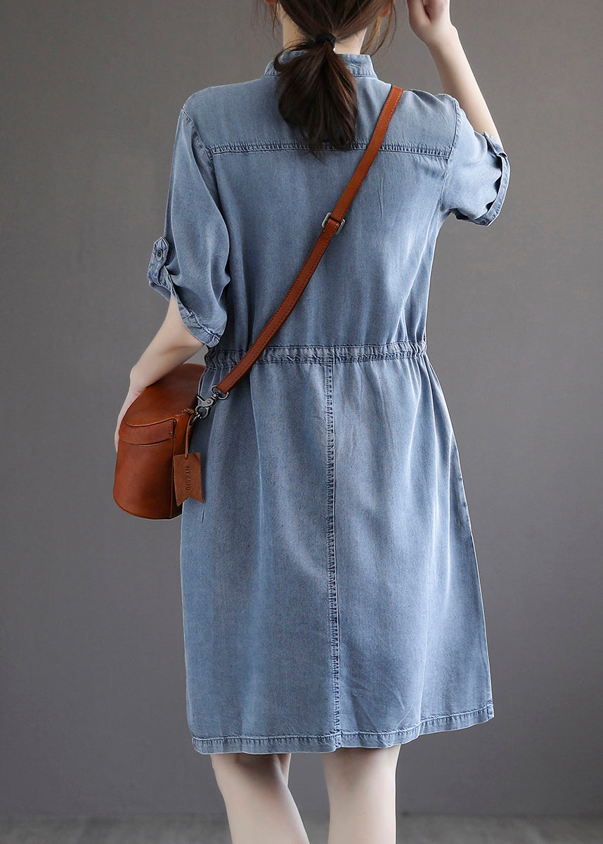 French Blue Pockets Tie Waist Denim Dresses Summer Ada Fashion