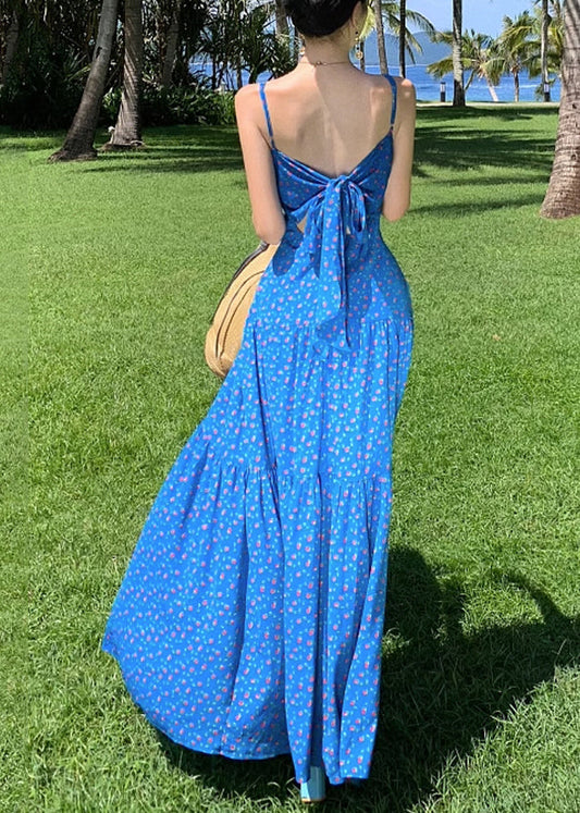 Blue Dress French Patchwork Maxi Summer Print Strap Spaghetti