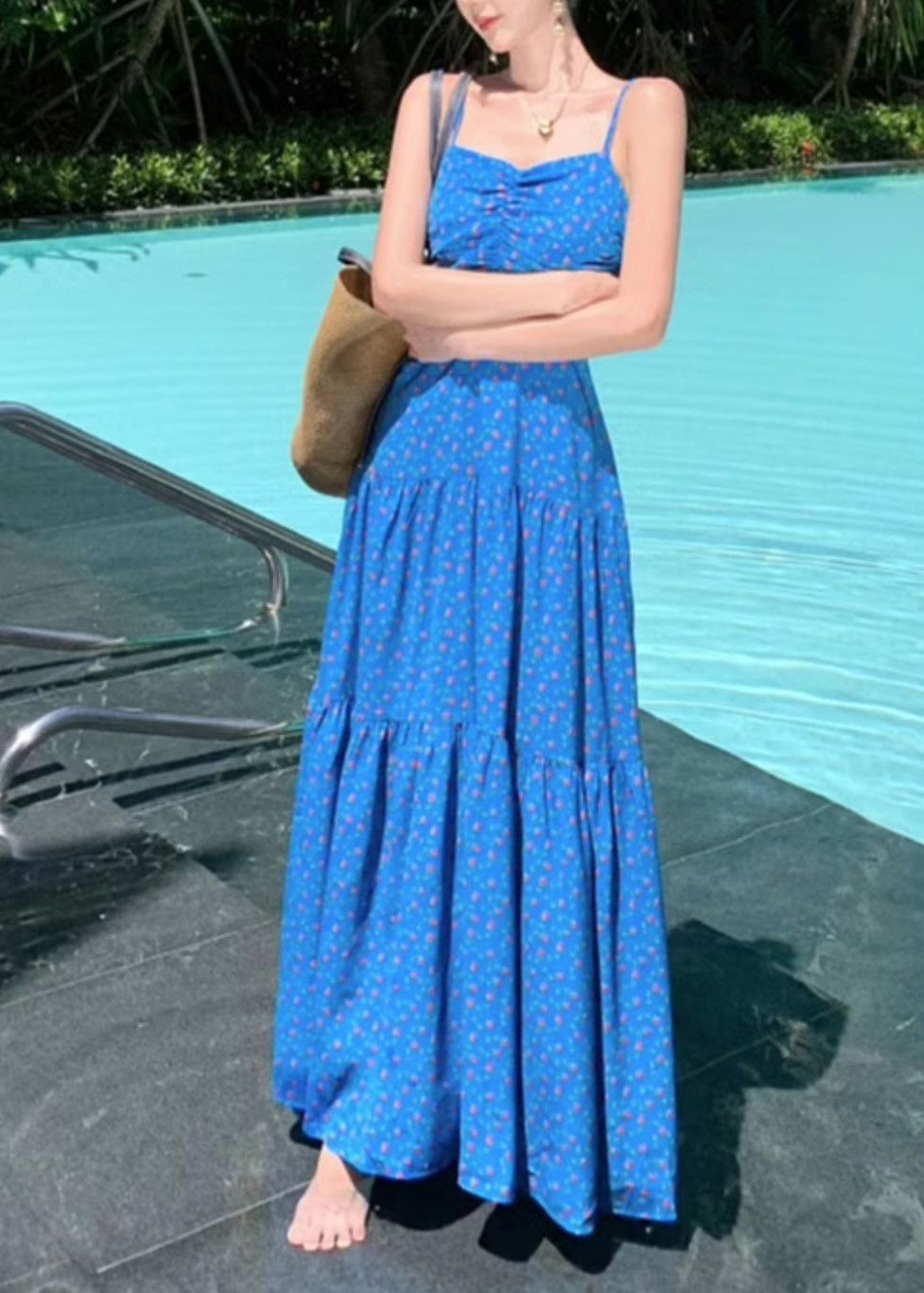 Blue Dress French Patchwork Maxi Summer Print Strap Spaghetti