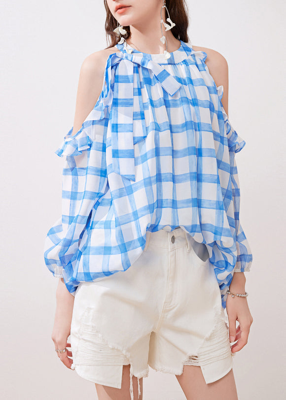 French Blue Ruffled Cold Shoulder Chiffon Shirt Summer UU1063