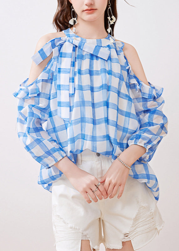 French Blue Ruffled Cold Shoulder Chiffon Shirt Summer UU1063