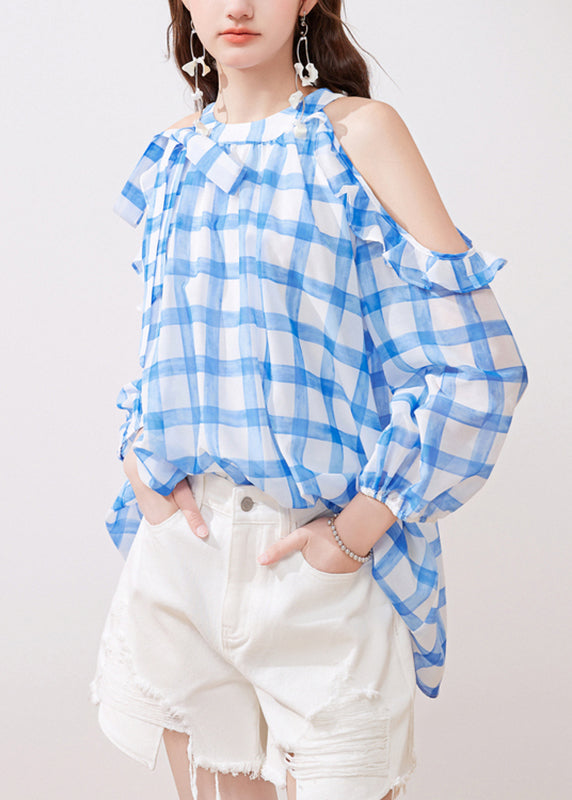 French Blue Ruffled Cold Shoulder Chiffon Shirt Summer UU1063