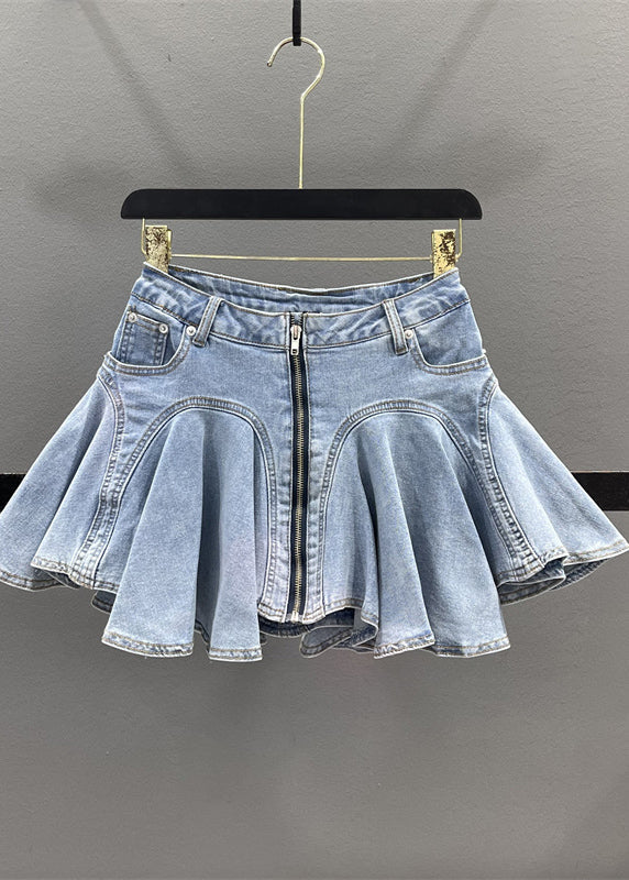 Zippered Denim Blue Ruffled French Patchwork Skirt Summer