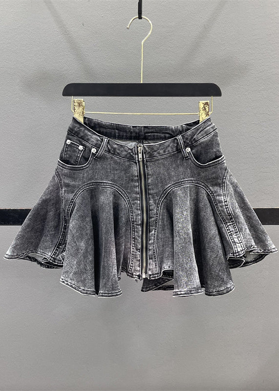 Zippered Denim Blue Ruffled French Patchwork Skirt Summer