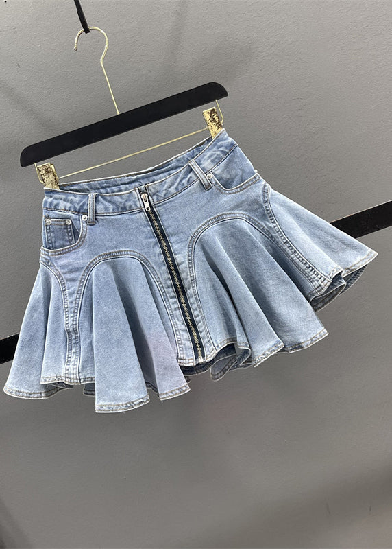 Zippered Denim Blue Ruffled French Patchwork Skirt Summer