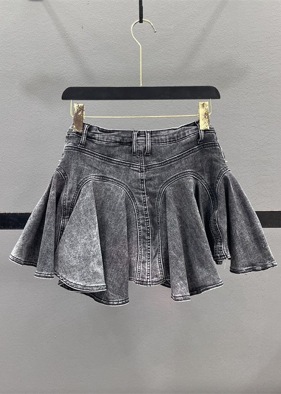 Zippered Denim Blue Ruffled French Patchwork Skirt Summer