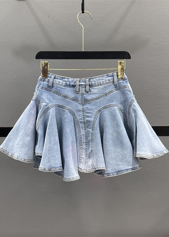 Zippered Denim Blue Ruffled French Patchwork Skirt Summer