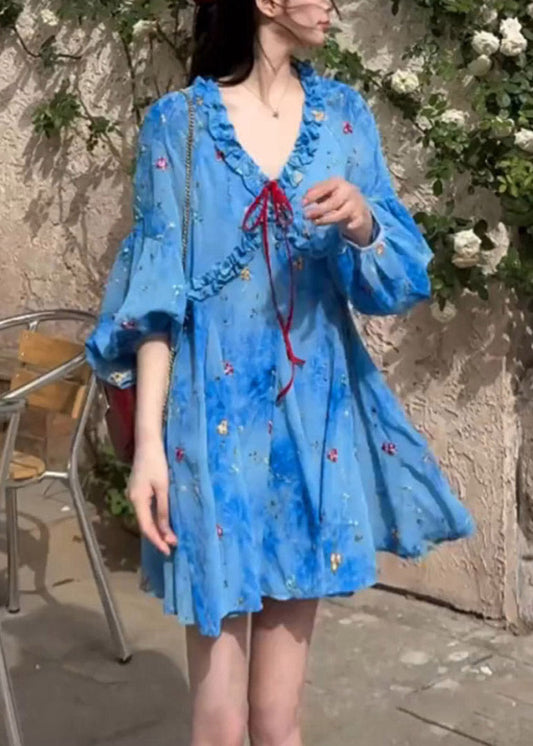 Blue Dresses Sleeve Puff Ruffled French Print Chiffon
