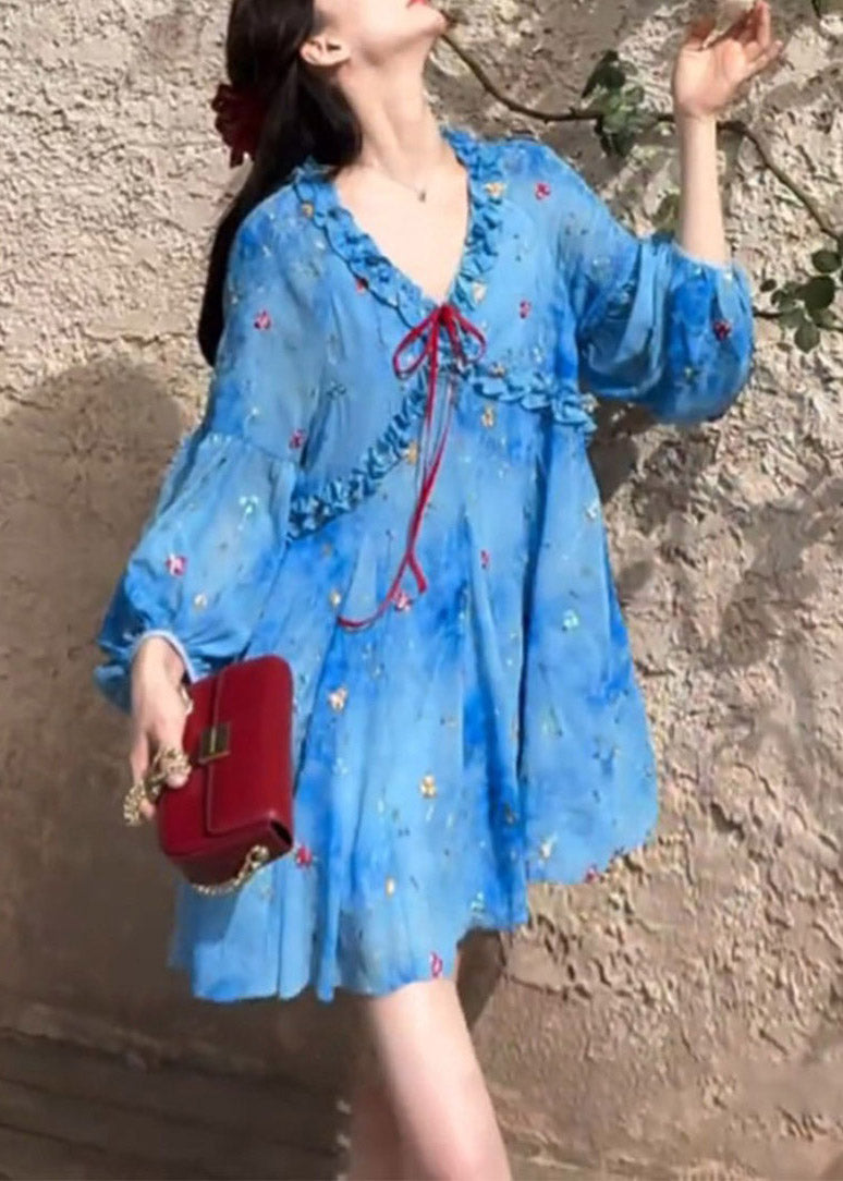 Sleeve French Blue Dresses Puff Print Ruffled Chiffon