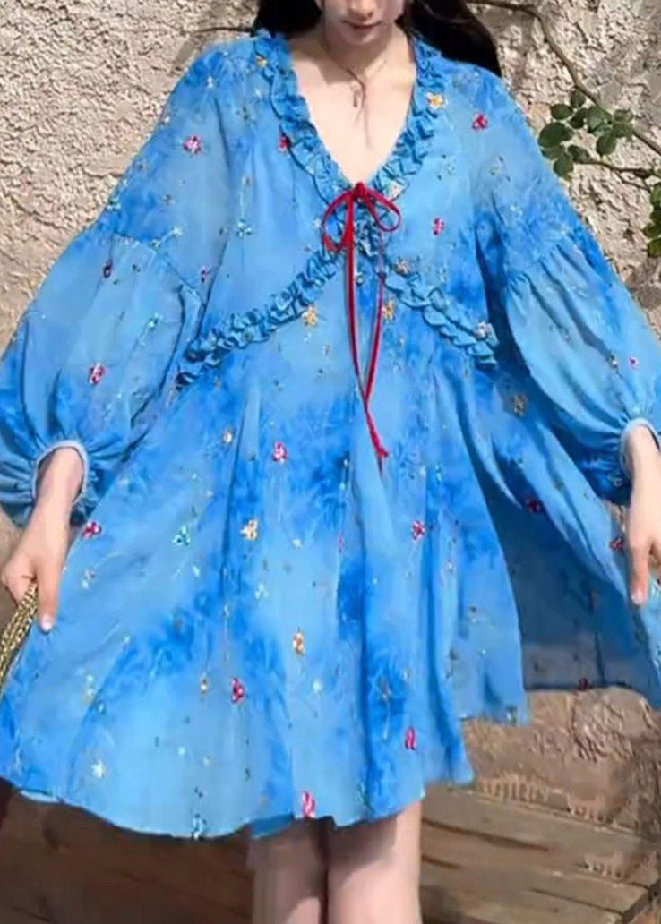 Sleeve French Blue Dresses Puff Print Ruffled Chiffon