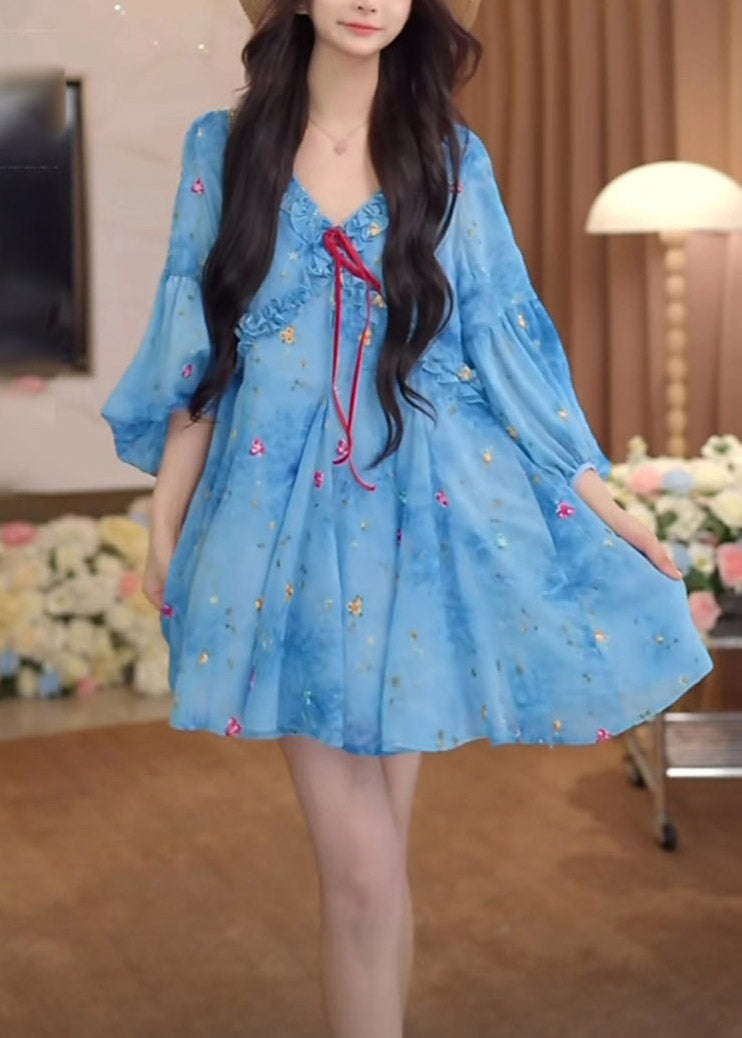 Sleeve French Blue Dresses Puff Print Ruffled Chiffon