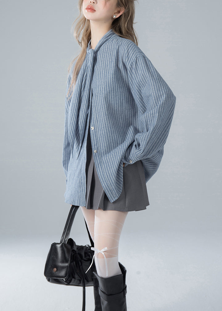 French Spring Striped Bow Blue Cotton Shirts