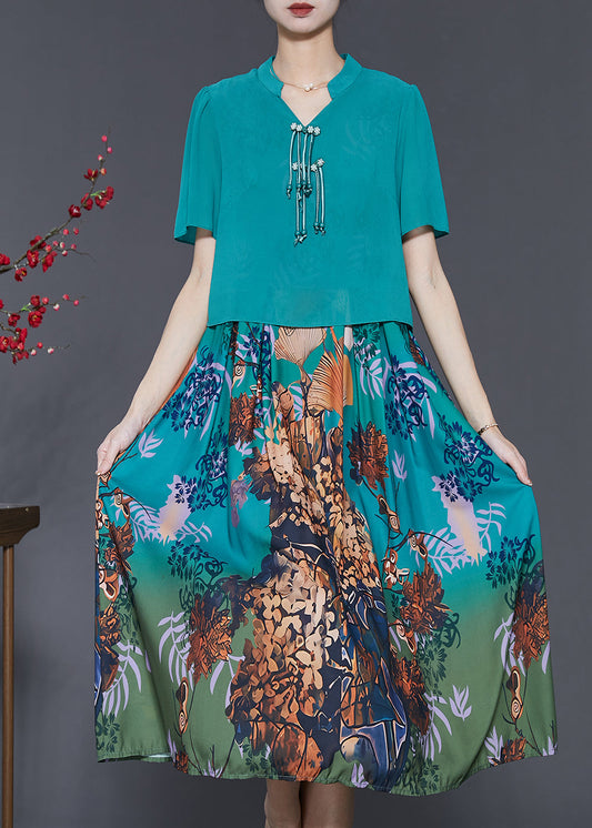 French Blue Tasseled Patchwork Silk Dresses Summer SD1056