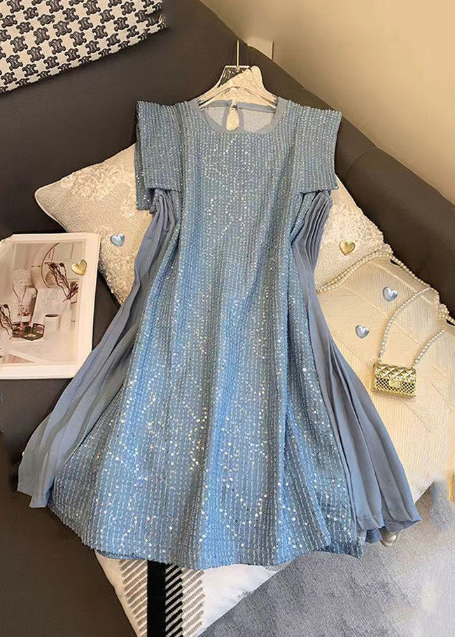 French Blue Tulle Patchwork Sequins Mid Dress Summer UU1056