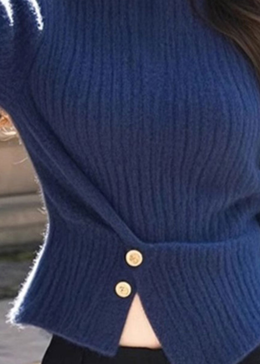 French Blue Turtleneck Wrinkled Cotton Knit Sweater Flare Sleeve TO031