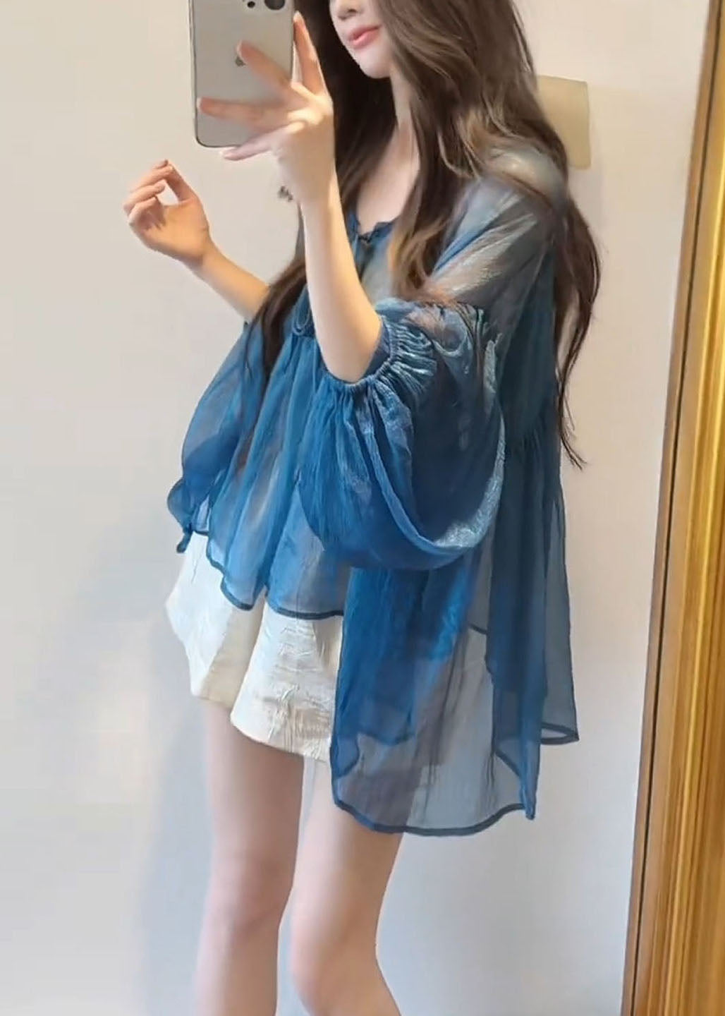 Flare Neck Chiffon French Up V Lace Blue Top Sleeve