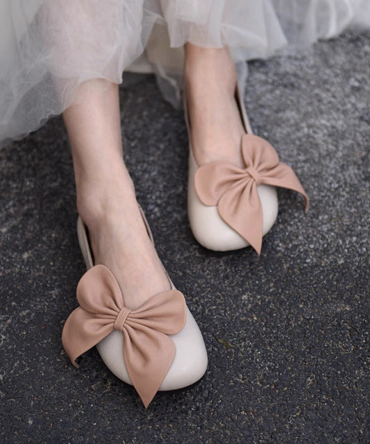 Splicing Faux French Penny Bow Beige Leather Loafers