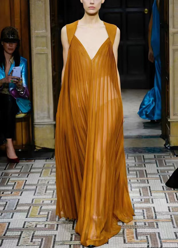 Dresses Sleeveless V Neck Brown Chiffon Wrinkled French Long