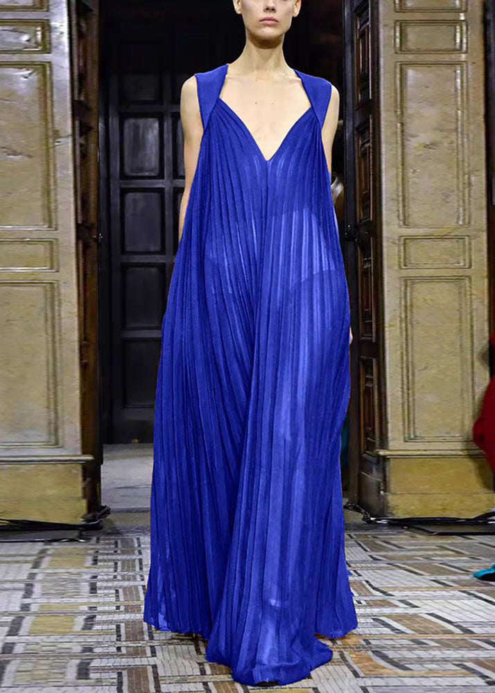 Dresses Sleeveless V Neck Brown Chiffon Wrinkled French Long