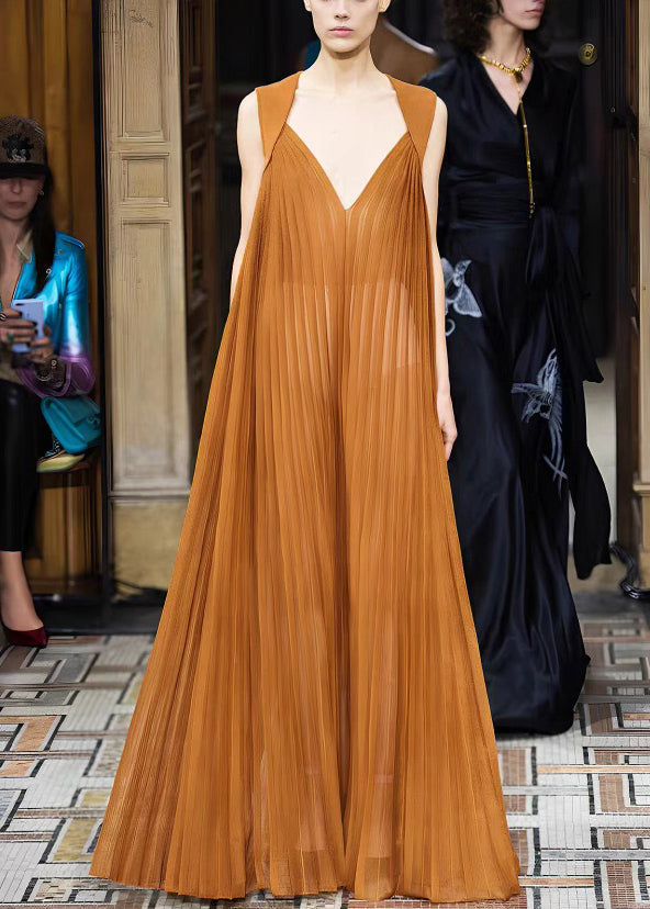 Dresses Sleeveless V Neck Brown Chiffon Wrinkled French Long