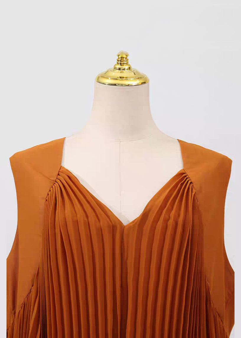 Dresses Sleeveless V Neck Brown Chiffon Wrinkled French Long