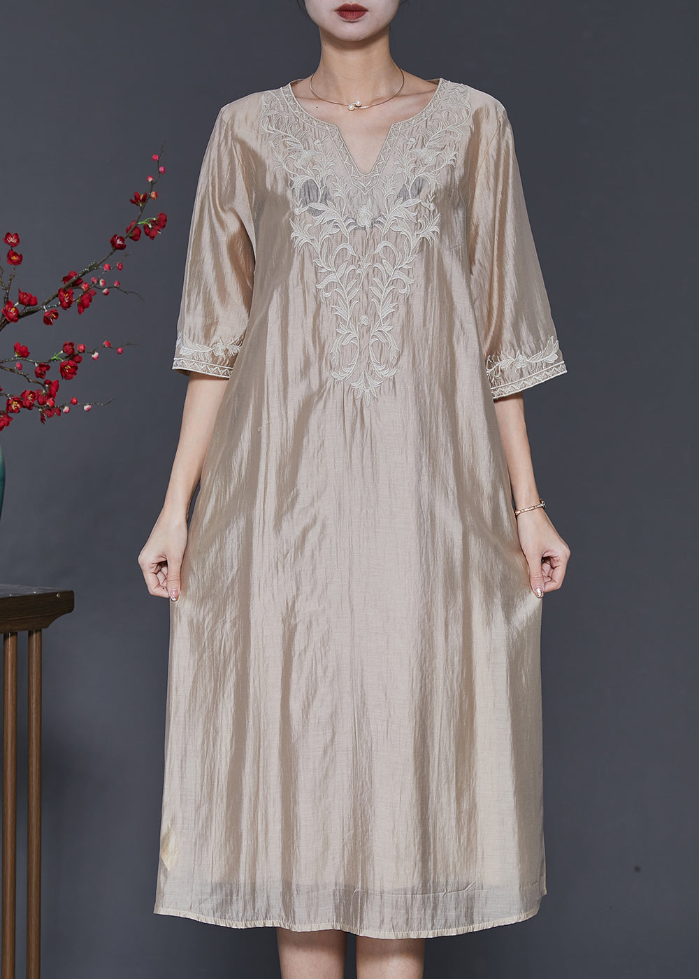 French Champagne Embroidered Linen Silk Dresses Half Sleeve SD1098