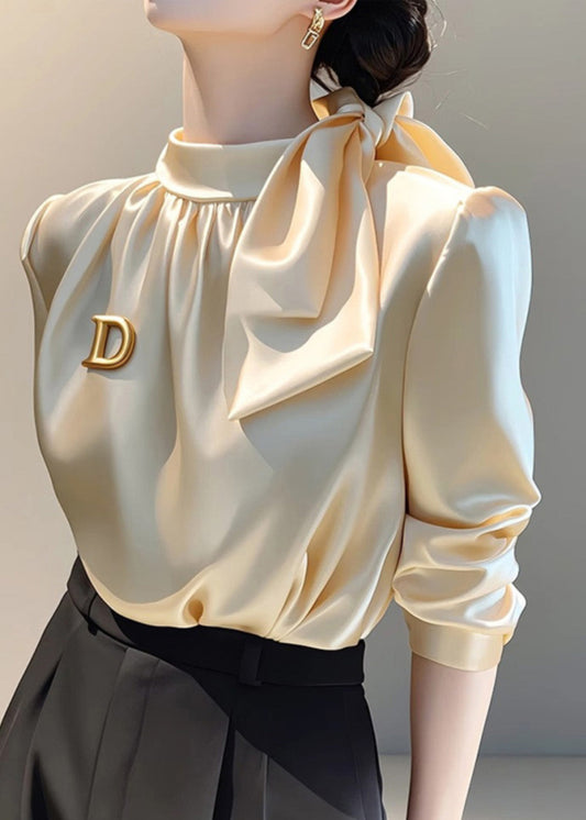 Champagne Blouse Top Silk French Spring Bow Collar Stand