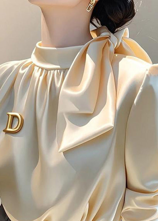 Champagne Blouse Top Silk French Spring Bow Collar Stand