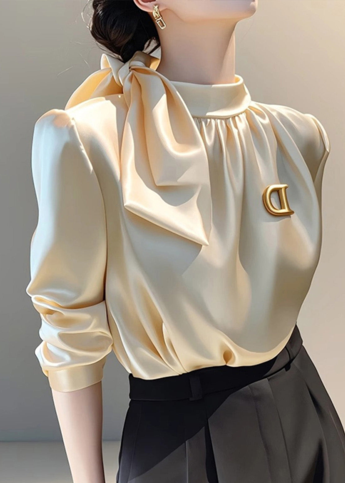 Champagne Blouse Top Silk French Spring Bow Collar Stand