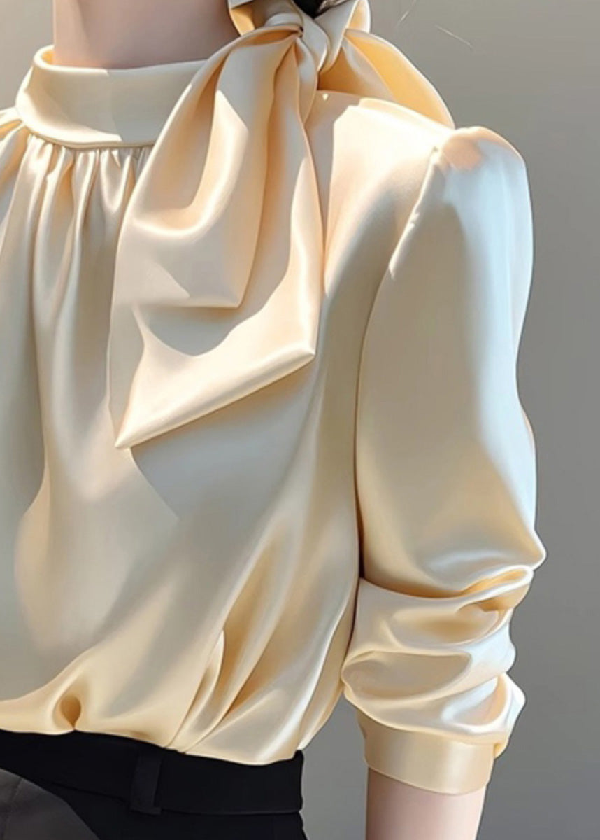 Champagne Blouse Top Silk French Spring Bow Collar Stand