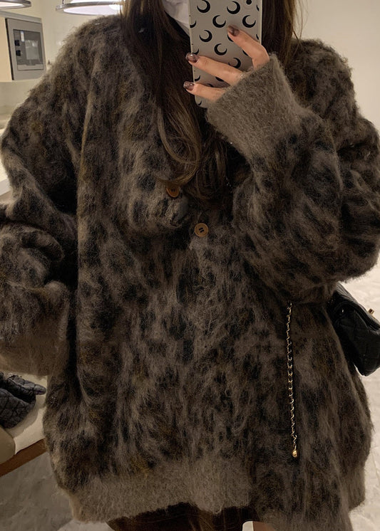 French Coffee O Neck Leopard Print Button Knit Cardigans Spring TN033